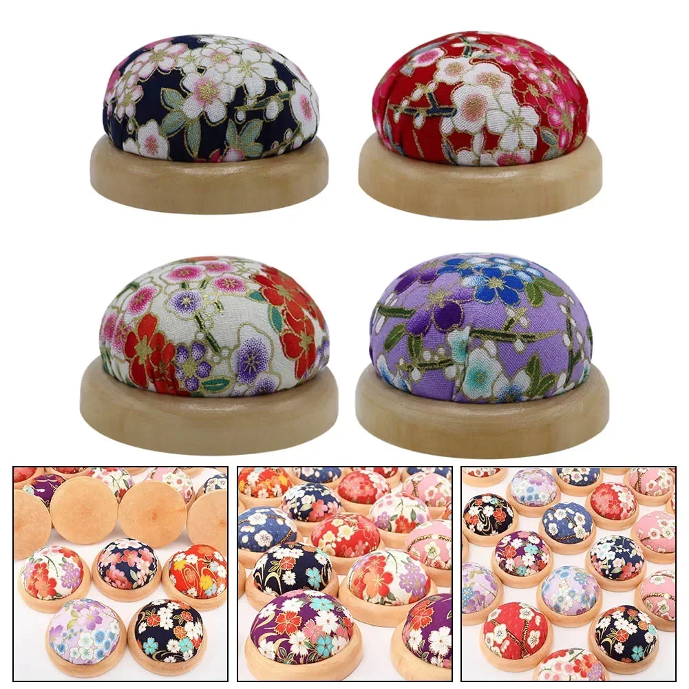 Ball Shaped Pin Cushion With Wooden Base Printed Floral Fabric Cover DIY Sewing & Quilting Accessory Needlework Tools