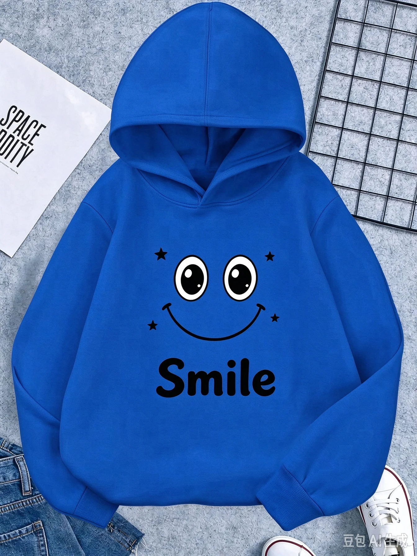 Children's long sleeved hoodie with flowing and joyful facial print - casual sports autumn and winter top-