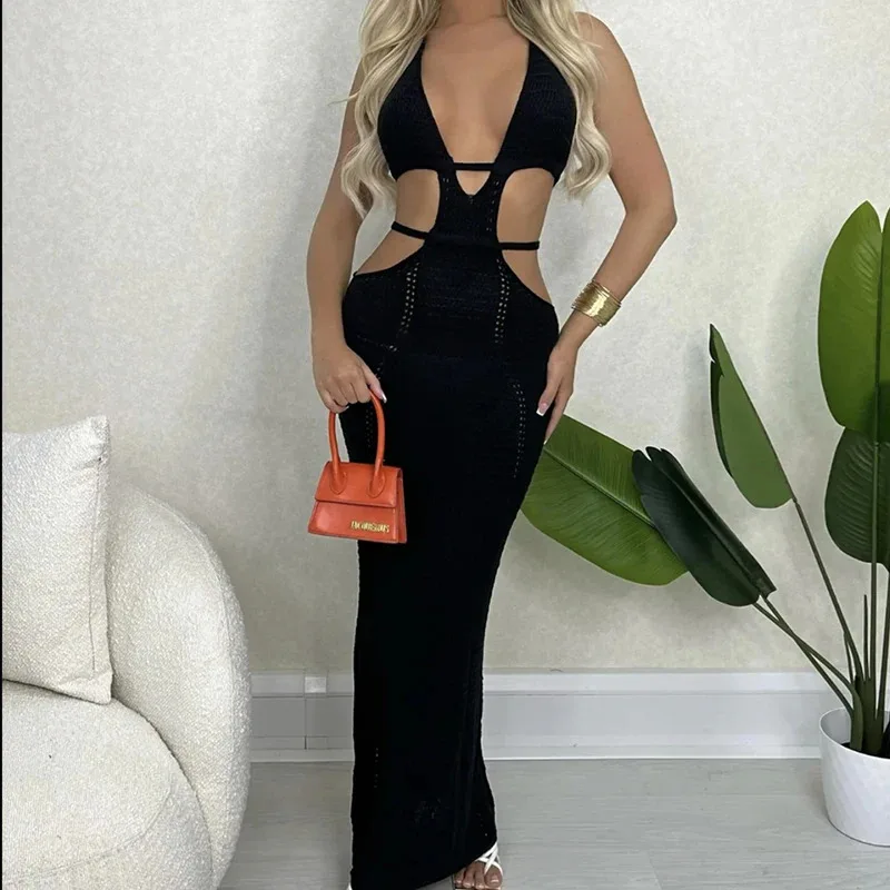 Bonny New Style Hollow Out Backless Tie Up Dress Women Beach Holiday Sun Bathing Sunscreen Dress Knitting Beachwear Cover Up