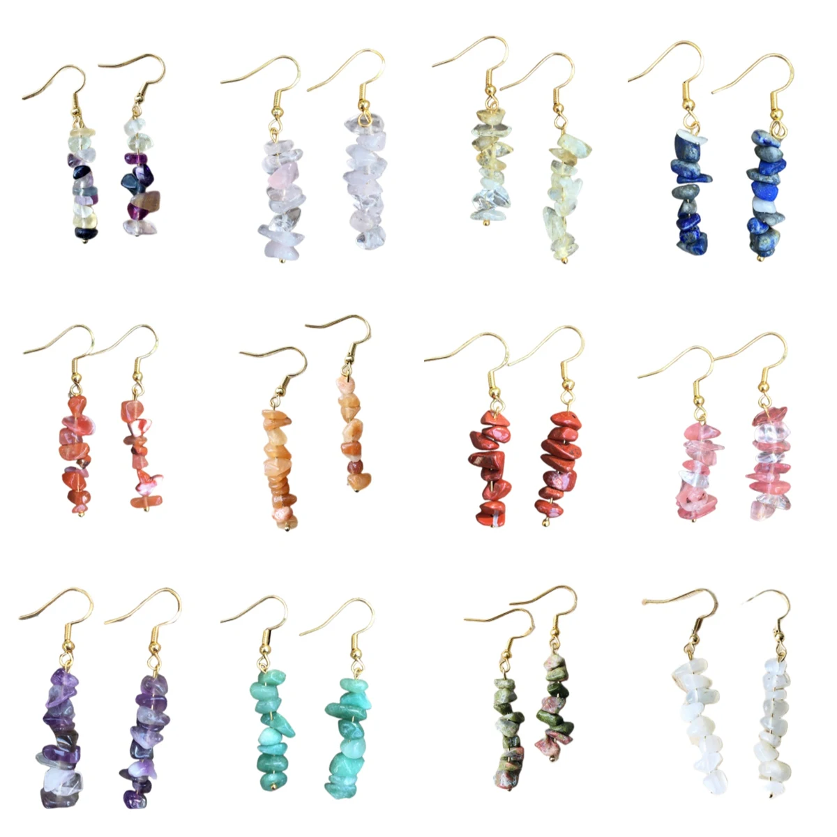 Raw Stone Beaded Dangle Earring for Women Girls Drop Hook Chakra Healing Gemstone Chip Earrings Meditation Yoga Jewelry