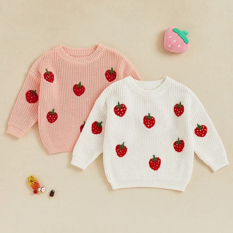 

VISgogo 0-3 Years Toddler Girls Sweater Strawberry Embroidered Long Sleeve Pullovers Fall Winter Kids Clothes Baby Jumpers Tops