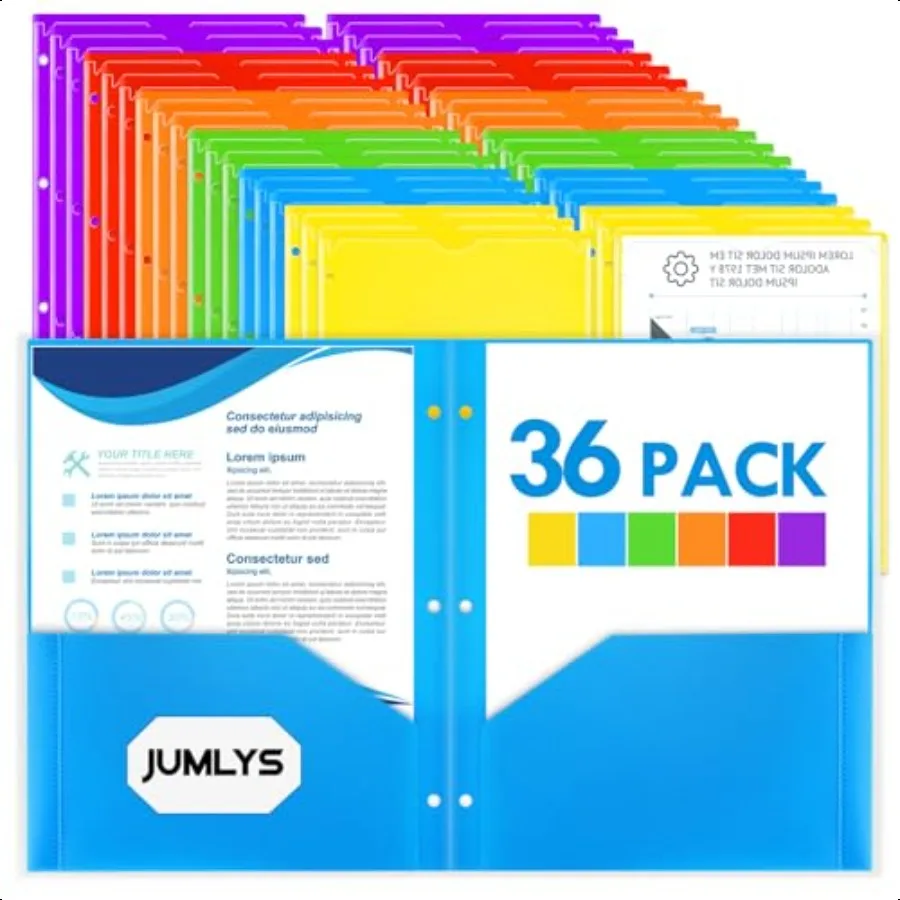 

36 Pack 2 Pocket Folders with Clear Front Pocket and 3 Holes Plastic Folder for 3 Ring Binder Heavy Duty Folders with Pockets f
