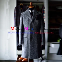 Gray Herringbone Pattern Men Overcoat Formal Business Suit Jackets Tweed Wool Blend Thick Trench Winter Long Coat Men Clothing