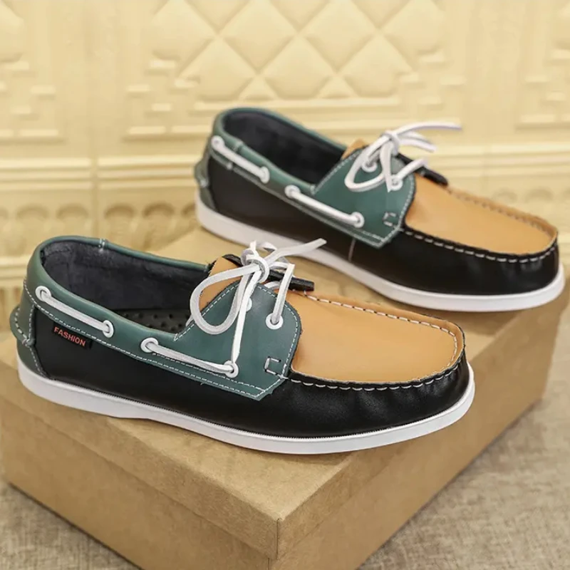 

Мужские лоферы для вождения на толстой подошве, удобные легкие кроссовки с круглым носком, на шнуровке, Вулканизированная подошва