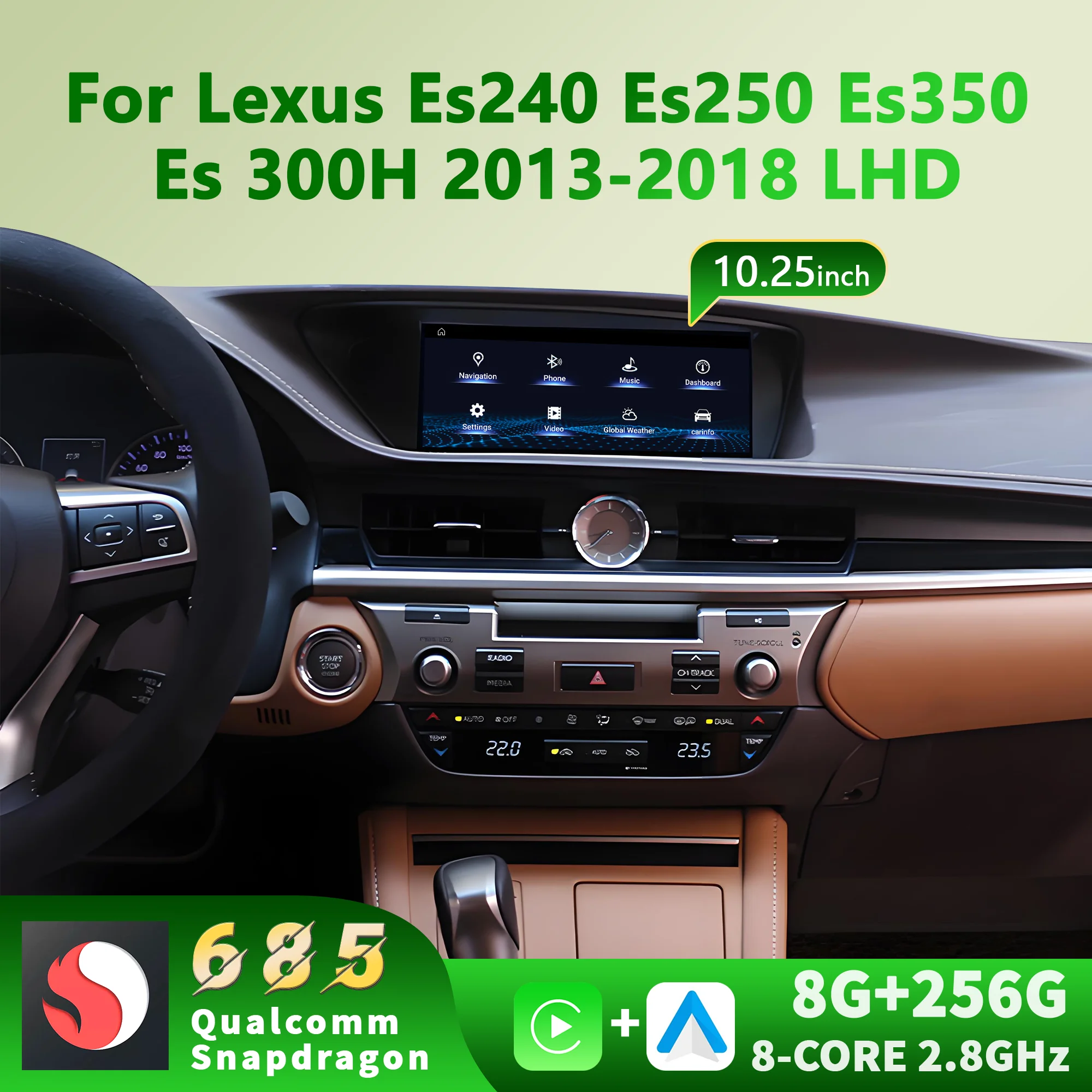 10.25 inch For Lexus Es240 Es250 Es350 Es 300H 2013-2018 Android 14 Radio GPS Wireless Bluetooth Carplay Snapdragon 680 Screen