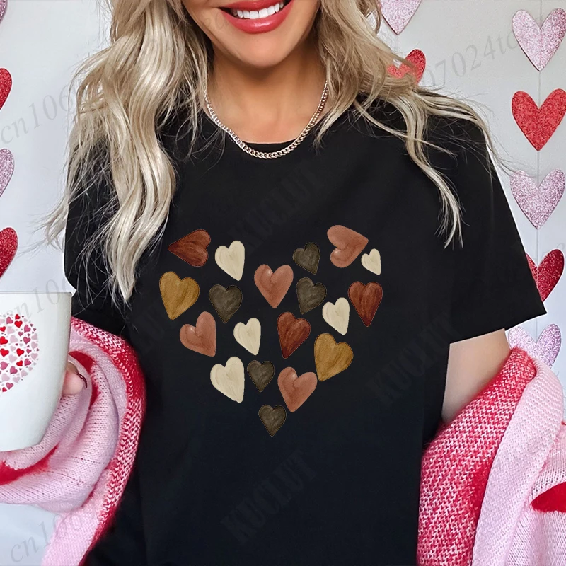 Valentines Day Women T-Shirt Artsy Melanin Skin Tone Kindness Watercolor Hearts Soft Graphic Tees Shirt Harajuku Female Clothing