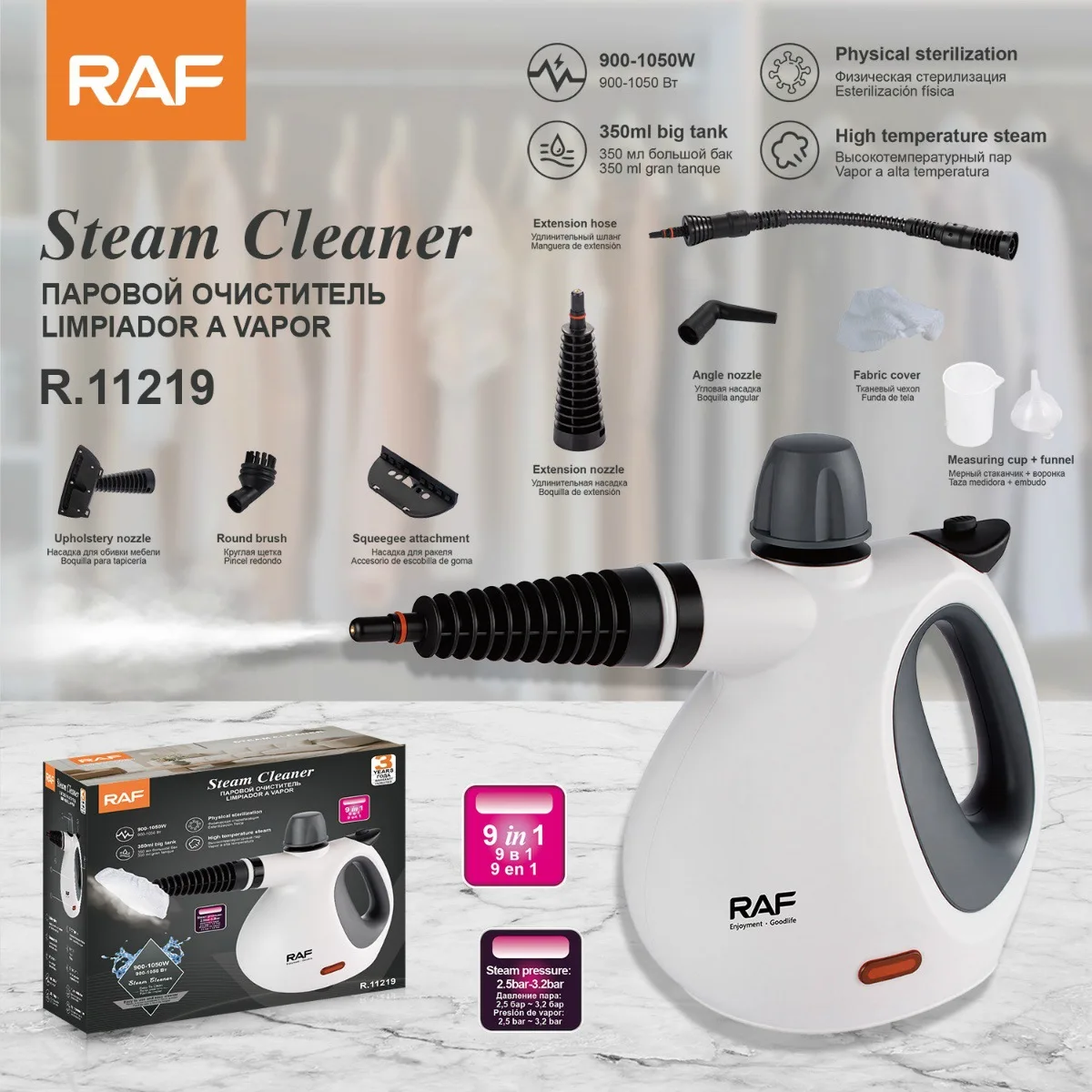 

RAF EU Plug Handheld Steam Cleaner High Temperature High Pressure Multi-Function 9-in-1 Portable Steaming Machine