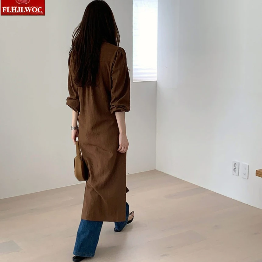 ゆったりとしたローブドレス、シックな韓国風、フェミニンなワンピース、女性用長袖カジュアルレトロヴィンテージ、ラップアップボタンシャツドレス