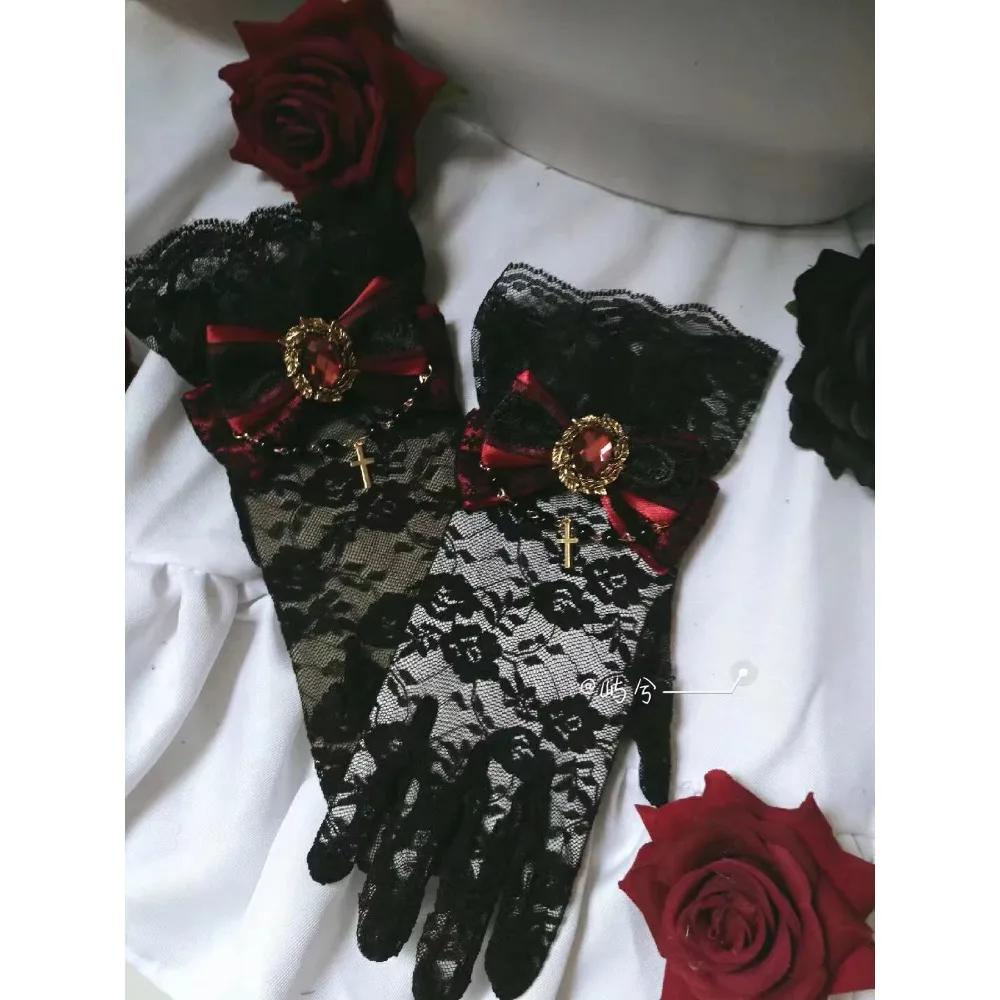 

Оригинальные перчатки Лолиты ручной работы, свадебное чаепитие, готические аксессуары для волос, черные, темные, великолепное элегантное кружево в стиле Лолиты