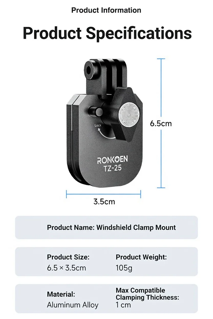 Ronkoen TZ-25 für Insta360 X4 Ace Pro 2 / DJI Action 5 Pro Action6 Kamera Motorrad-Windschutzscheiben-Klemmhalterung aus Aluminiumlegierung – Detail 9
