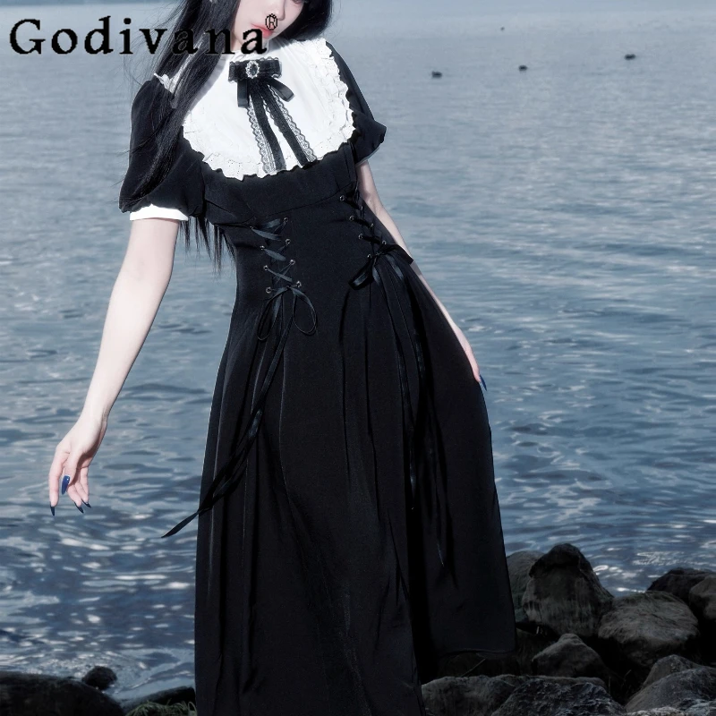 여성 여름 우아한 로리타 스타일 드레스 오리지널 디자인 프랑스어 레트로 드레스 여성 블랙 허리 Cinching 레이스 롱 드레스