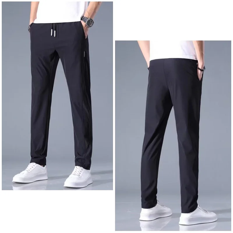 Summer Thin Ice Silk Slim Fit Pants For Men'S Elastic Straight Leg Jogging Breathable Sports Pants, Business Casual Pants