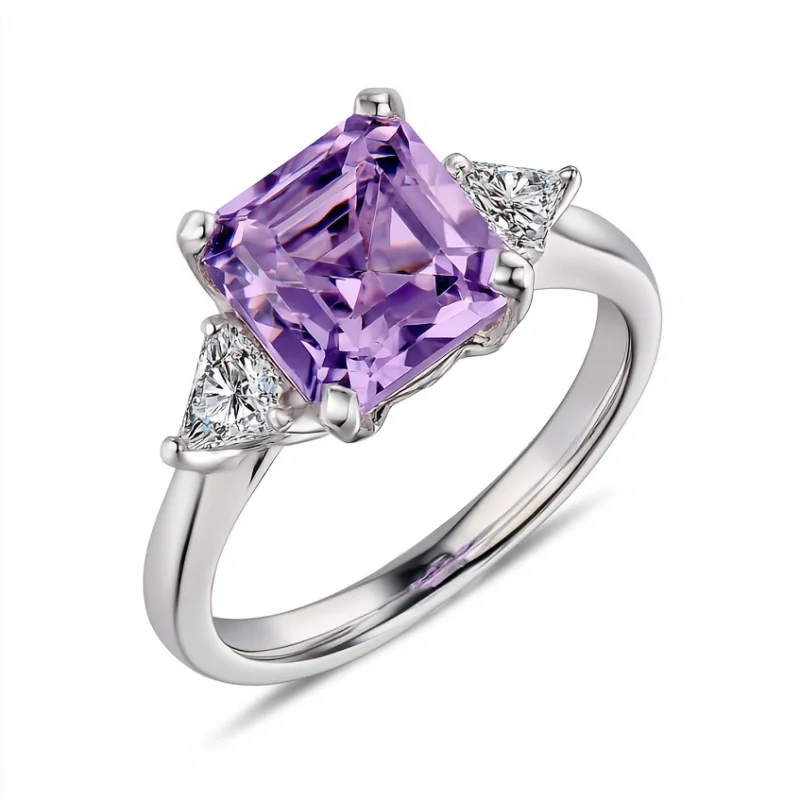 

SGARIT 925 Sterling Silver Asscher Cut Natural Amethyst Topaz Gemstone Purple Engagement Fine Jewelry Ring 8mmm