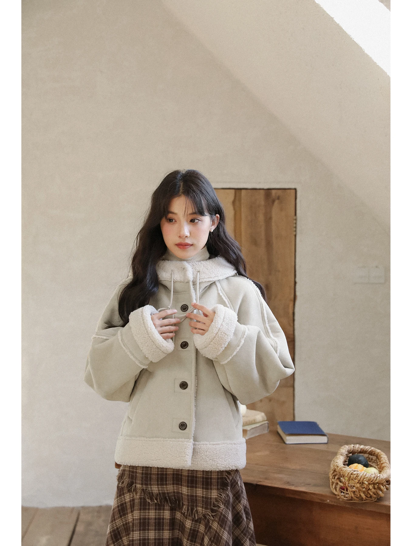 レディース厚手茶花デザインラムファージャケット冬アウター環境に優しいポリエステル繊維長袖フード付きコート