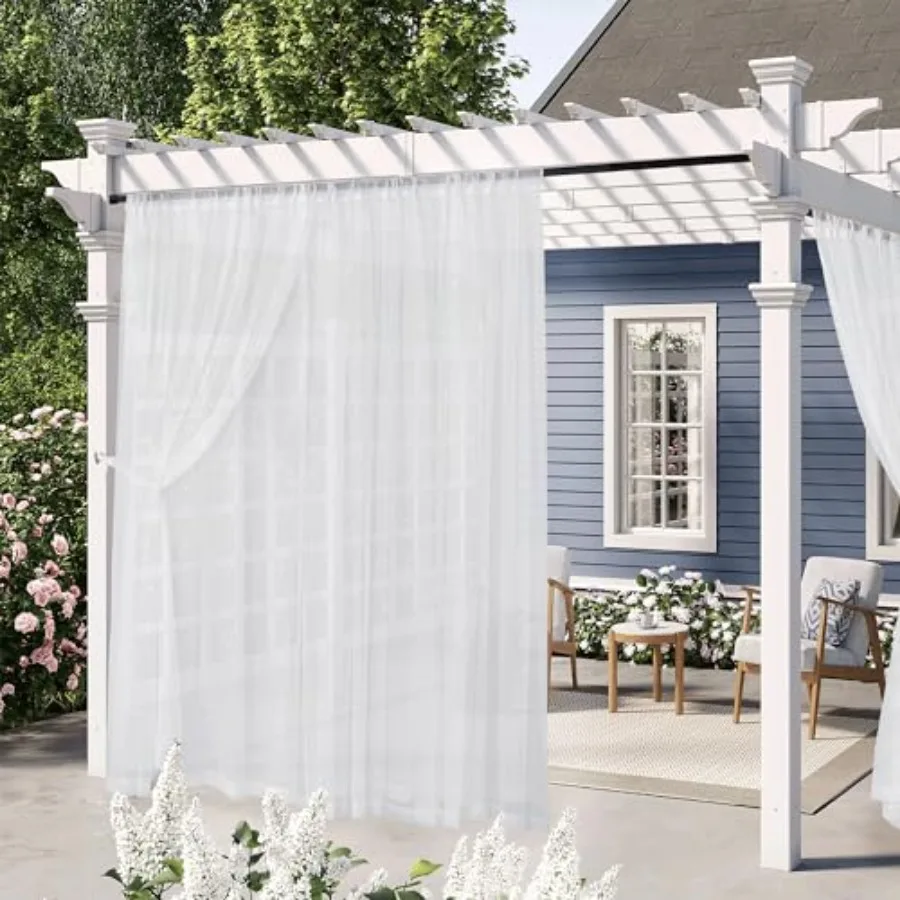 

Outdoor Sheer Curtains for Patio, 2 Layer Voile Sheer Privacy Added Light Filtering Waterproof Curtains for Porch Pergola Pavil