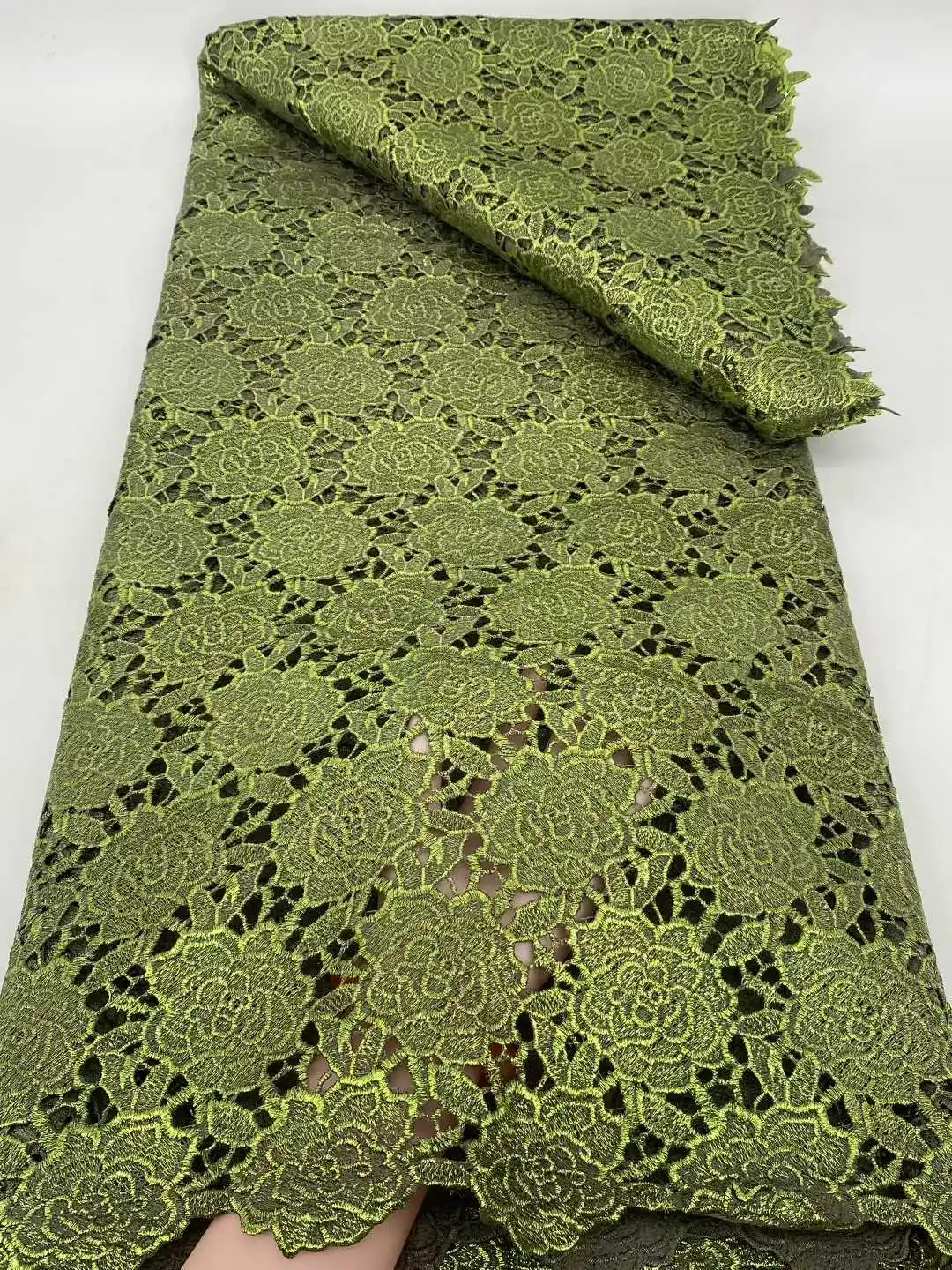 

African Guipure Lace Fabric 2025 High Quality Lace 5 Yards Embroidery Green Nigerian Cord Lace Fabric For Evening Party Dresses