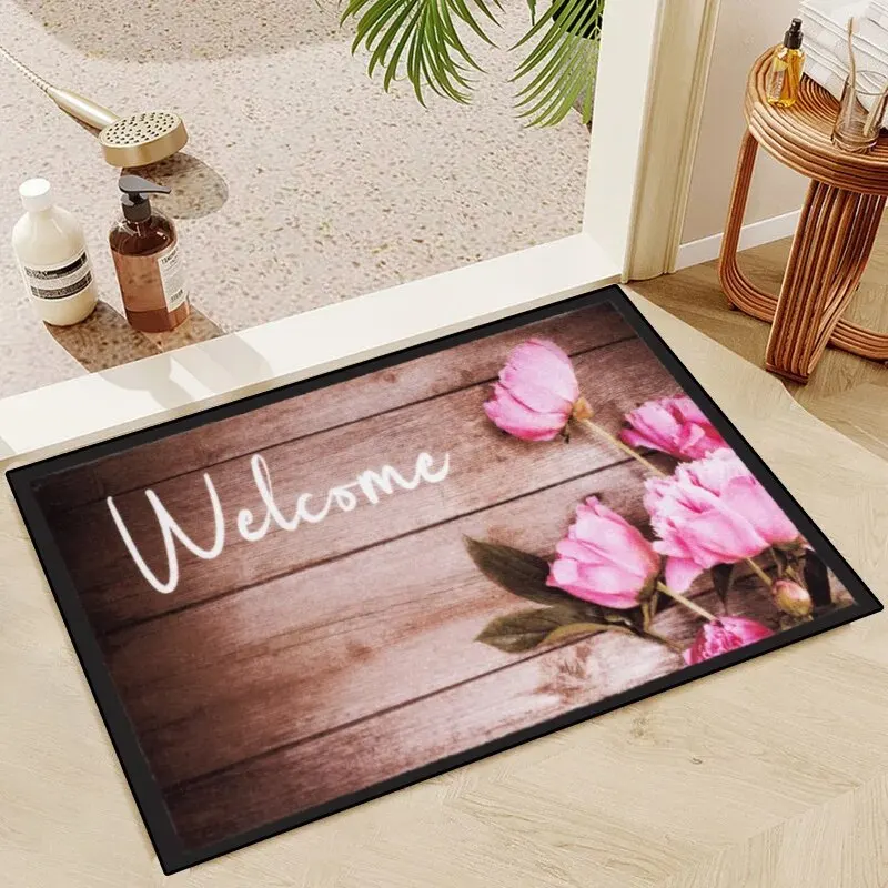 VIKAMA 40*60CM 3D Wood Grain Flower Floor Mat Entrance Door Mat Foot Mat Valentine's Day Flower Decorative Floor Mat