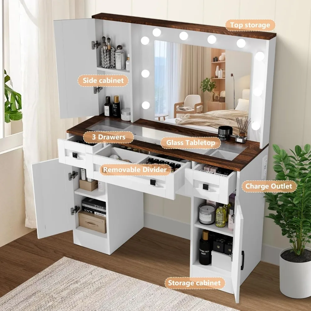Vanity Desk con piano in vetro con specchio, luci e stazione di ricarica, con 3 cassetti e 3 armadietti per riporre oggetti