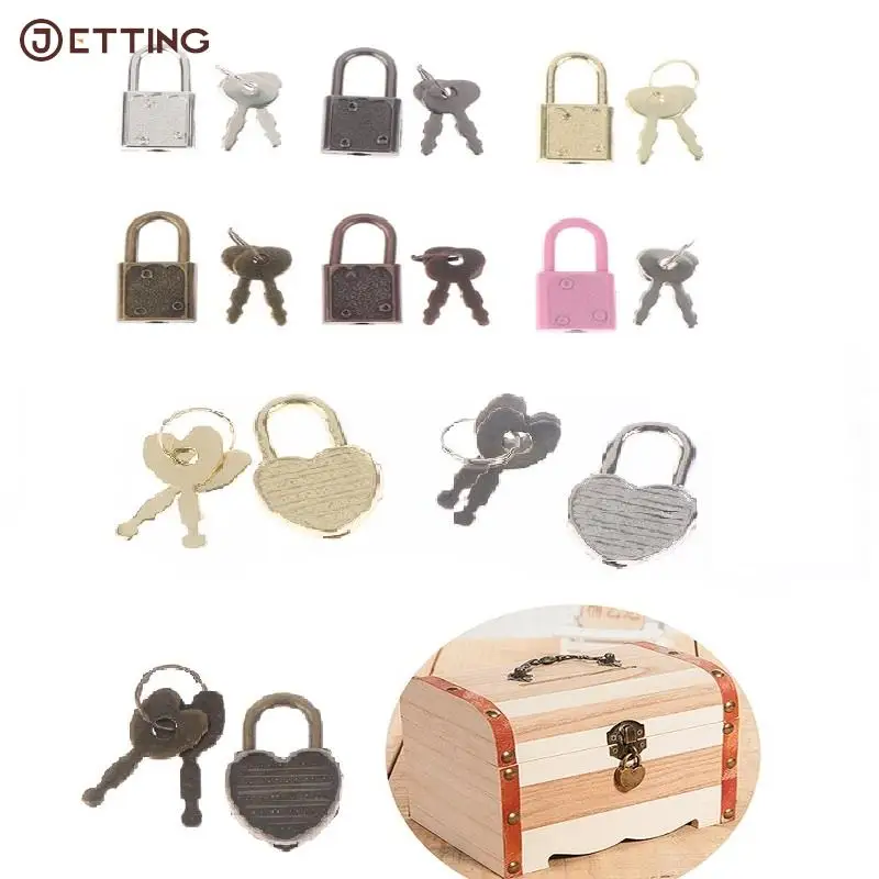 1Set Metal Heart Shape Square Shape Vintage Metal Mini Padlock Bag Suitcase Luggage Box Key Lock With Key