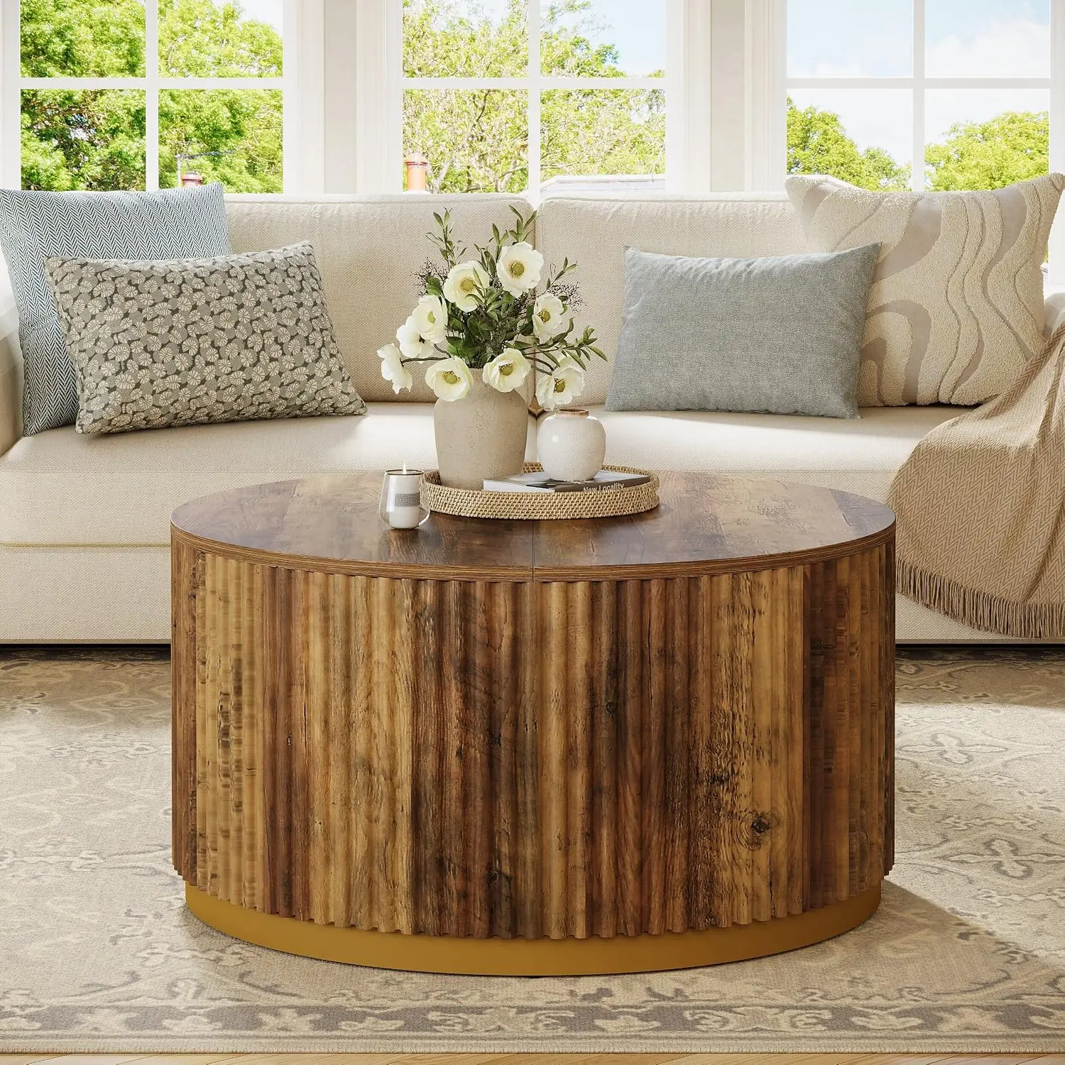 31.5 Inch Round Coffee Table, Fluted Wood Center Table with Stable Drum Base, Rustic Brown Accent Table for Living Room Small Apartment Office Decor view 3