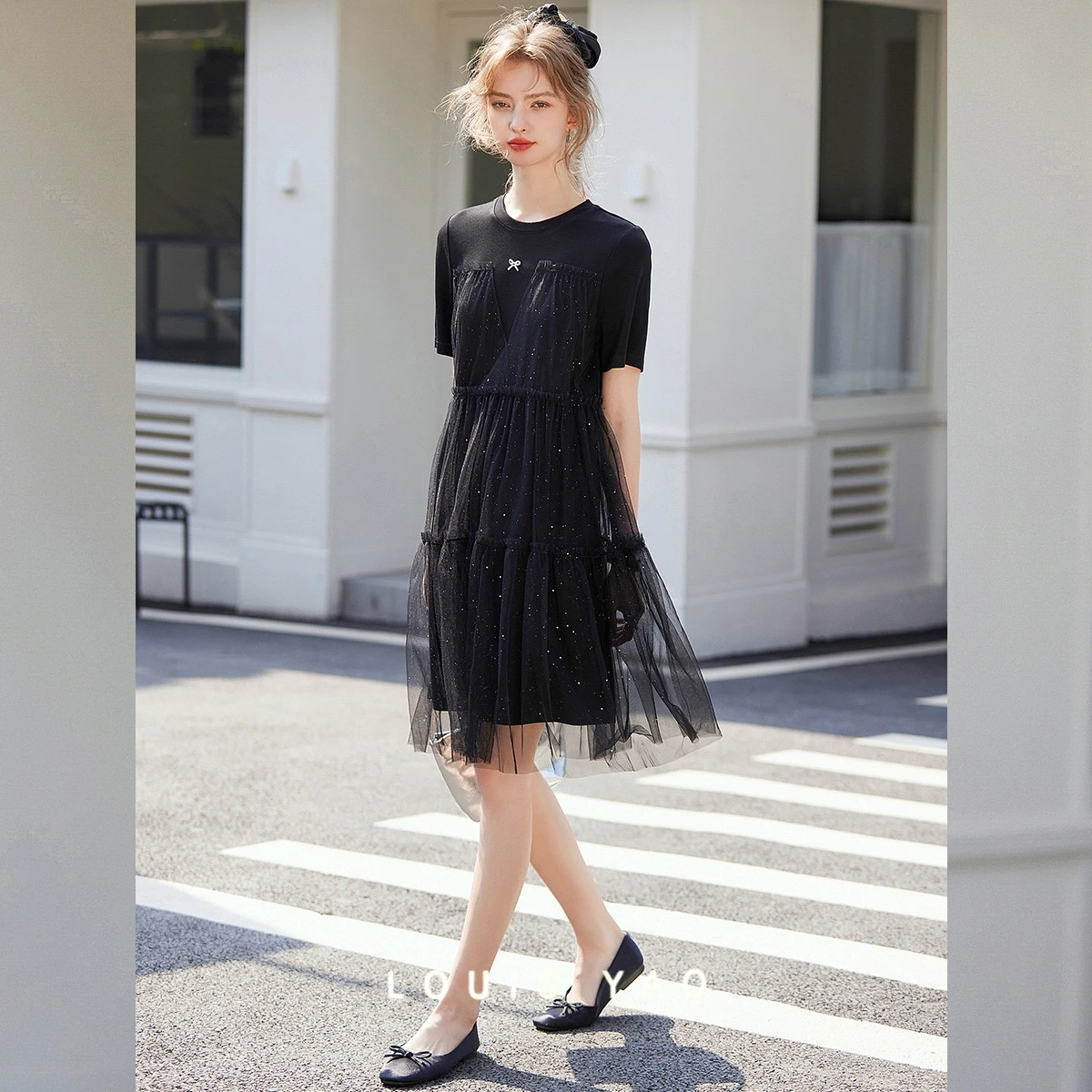 

Sparkling Mesh Splicing Women's Dress Fashion Fake Two Piece T-shirt Skirt Short Sleeved Long Dress Female Clothing Summer 2025