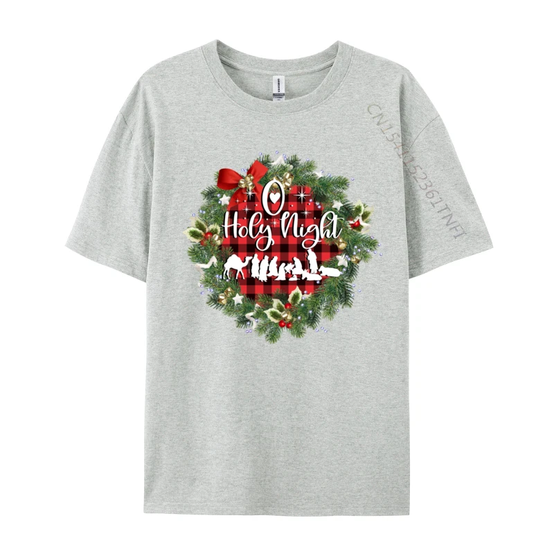 O Holy Night Nativity Christmas Wreath Red Buffalo Plaid T Shirts All Cotton O-Neck T-Shirts Personalized Funny T-Shirts