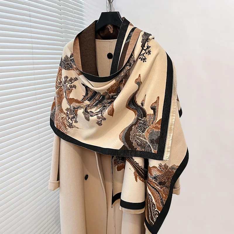 New Luxury Design Winter Cashmere Landscape Painting Scarves High Quality Women Thicken Wrap Shawl Ladies Wool Pashmina Scarf