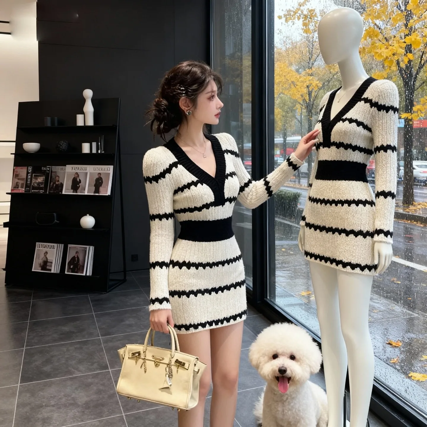 

Платье женское вязаное с длинным рукавом в стиле колор-блок и полоску, осенне-зимнее, для офиса, в стиле «богиня», с завышенной талией, облегающее, с V-образным вырезом