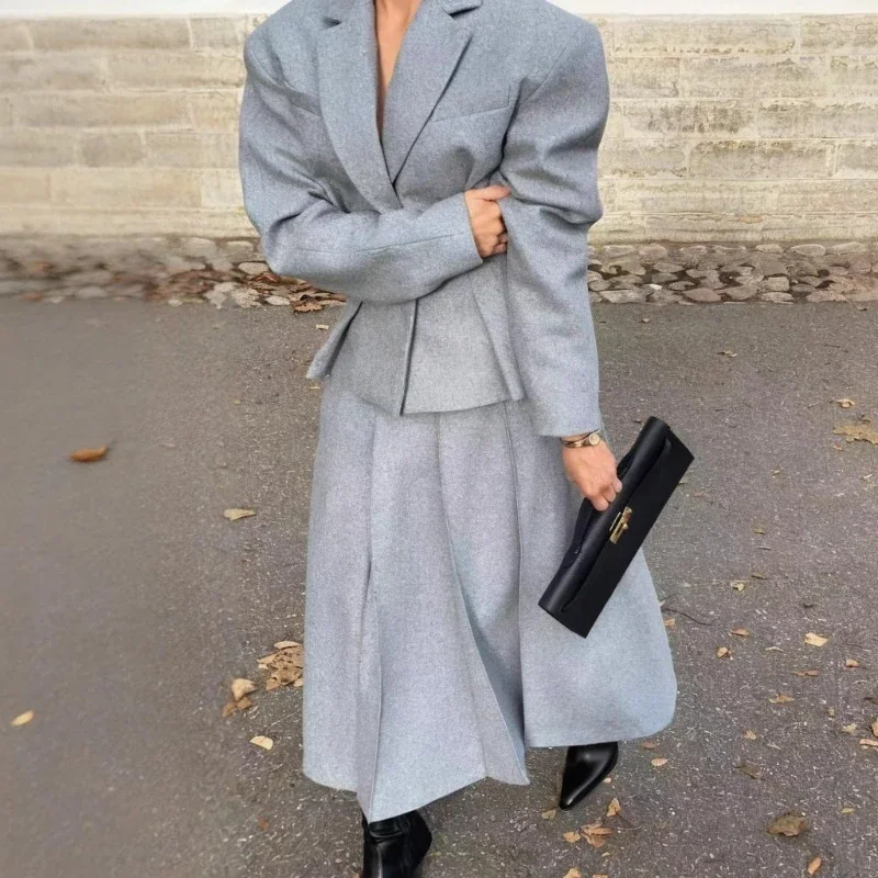 

Long Sleeves Wrinkles Splicing Woolen Female Suit Autumn Slimming Suit Jacket Skirt Women's Suits Lapel Single-Breasted