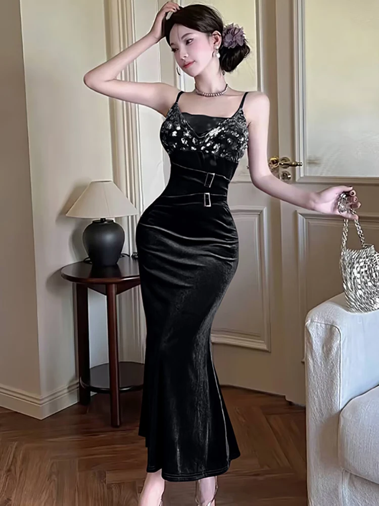 الصيف الأرجواني الساتان المرقعة الترتر مثير فستان بكتافة المرأة أنيقة فاخرة فستان طويل 2025 الكورية خمر Bodycon مساء فستان #3