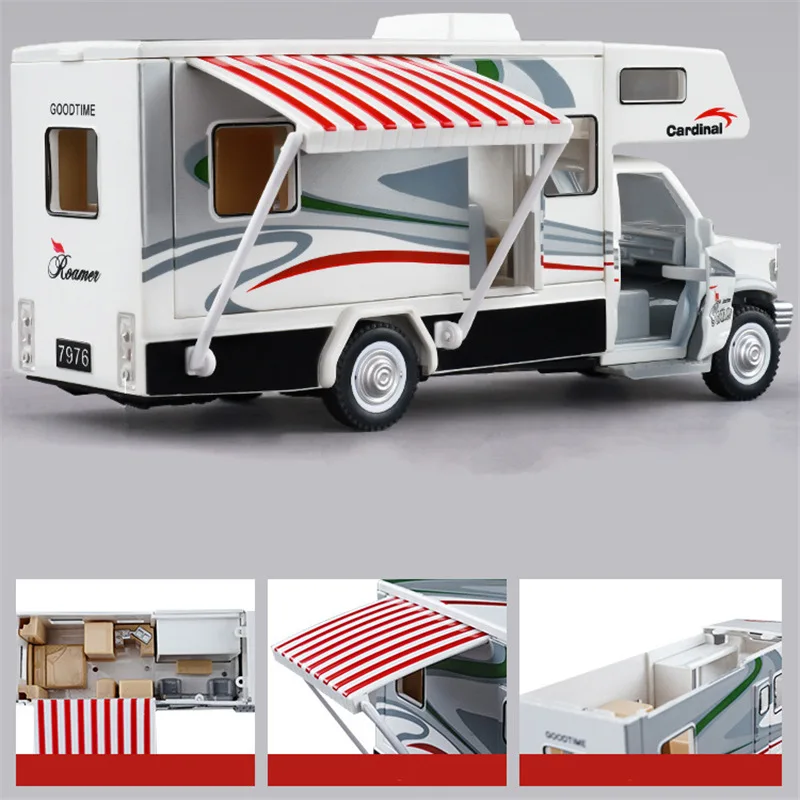 1:28 Alloy Luxury RV Caravan Car Model Diecast Metal Camper Van Motorhome Touring Car Vehicles Model Sound Light Kids Toys Gifts