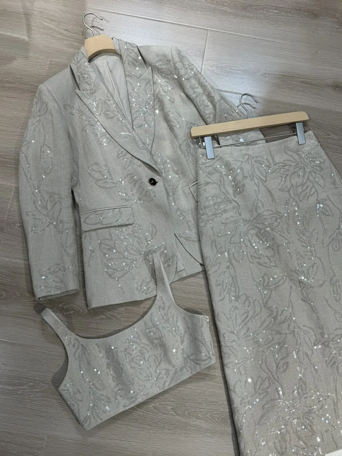 Women's Set 2024 New Spring Linen Embroidery Sequin Design Commuter Suit Coat or High Waist Skirt or Vest