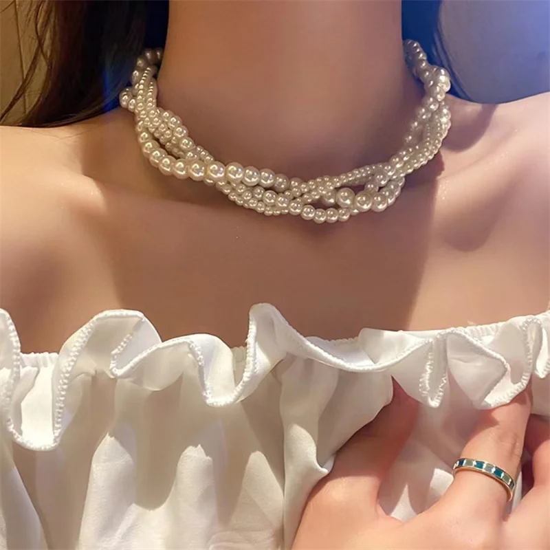 2025 neue Mode Weiß Twining Perle Choker Halsketten Für Frauen Geometrische Halsketten Hochzeiten Braut Schmuck Zubehör e492