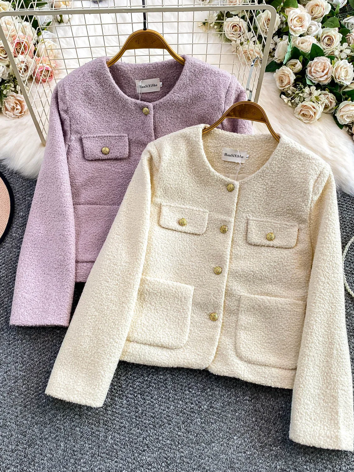 معطف فرو خروف أرجواني من Ele مستدير Ne للسيدات بقصة ضيقة فاخرة معدنية أزرق كاجوال للتخسيس للنساء من Busin