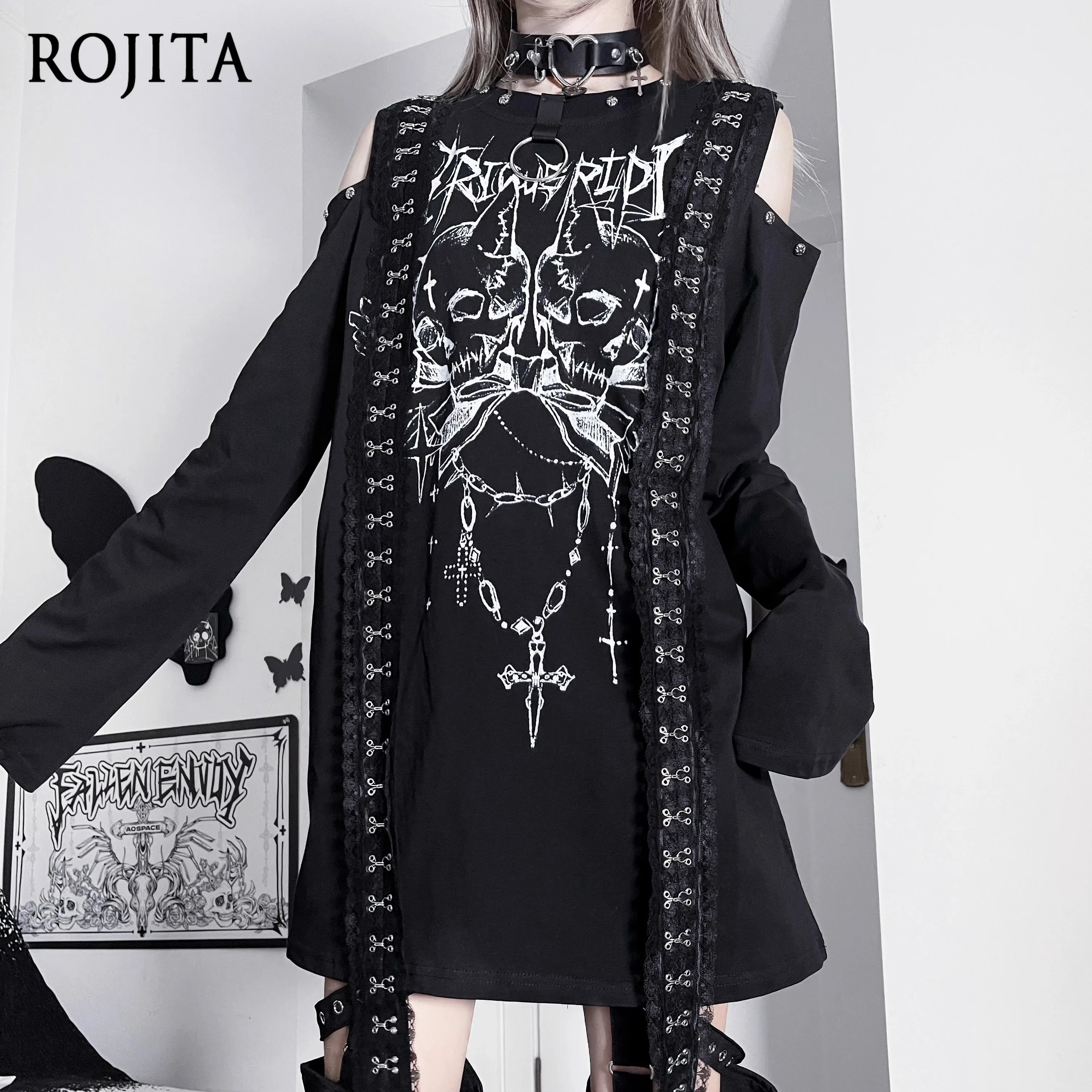 

Original Print Subculture Dark Loose Long Sleeve Off-Shoulder T-Shirt women graphic t shirts Japanese oversized t shirt