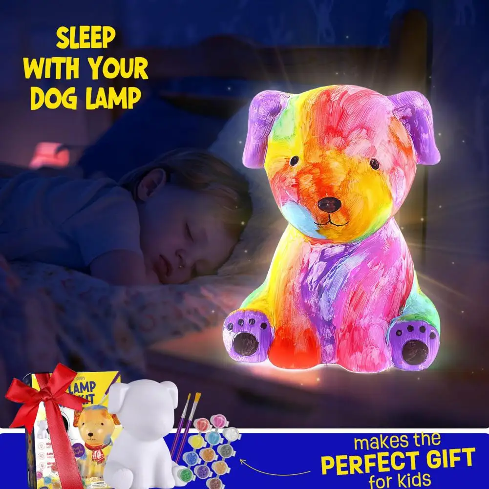 Kids Dog Painting Kit Diy Dog Lamp Kit with 12 Colors Pigments Paintbrush Palette Apron Kids Educational Toy Crafts for Painting