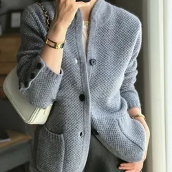 Autumn Winter New Thickened 100% Cashmere Wool Cardigan Women Stand Neck Sweater Sweater Loose Knit Base Wool Sweater Jacket