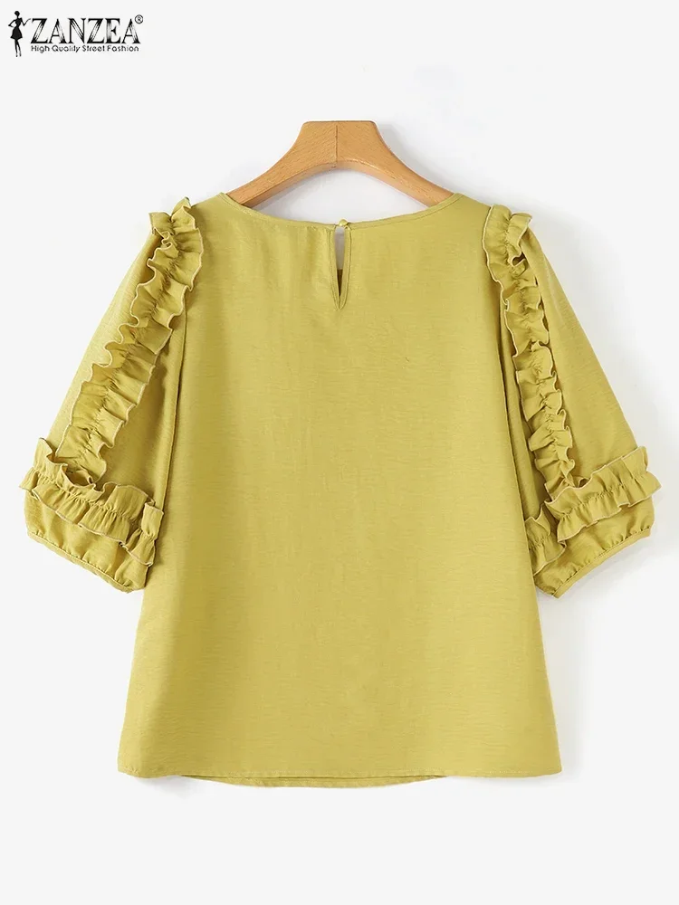 ZANZEA ผู้หญิง Ruffled เสื้อ 2025 ฤดูร้อน 3/4 แขนยาวเสื้อเกาหลีแฟชั่นรอบคอ Tunics Casual หลวม Blusas Femme