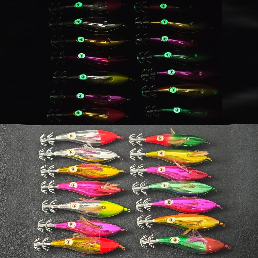 14pcs/box 10cm Glow Horizontal Squid Jig Horizontal Egi Set Saltwater Cuttlefish UV Shrimp Octopus Bait Real Shrimp Fishing Lure view 6