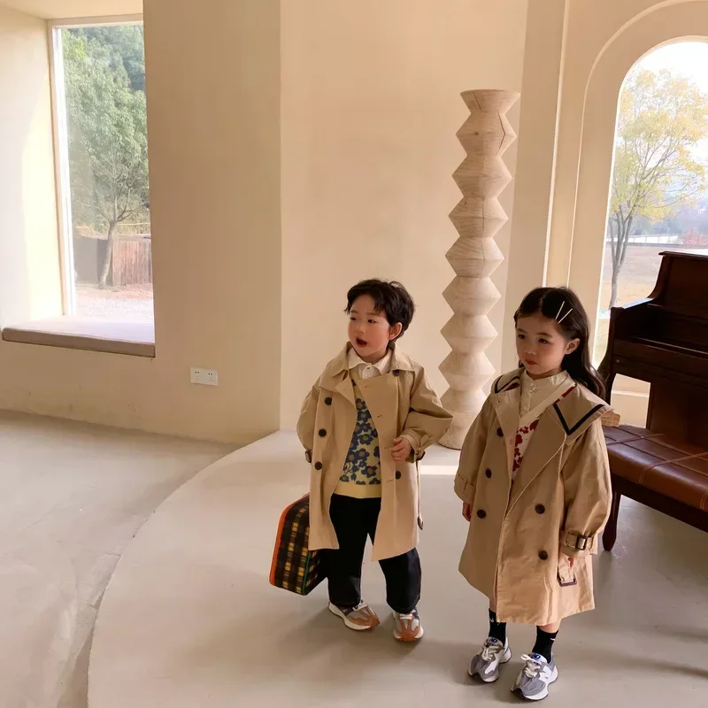 Children Trench 2024 Spring Autumn Boys Girls Korea Solid Color Long Trench Fashion Casual Turn Down Collar Girls Trench Coat