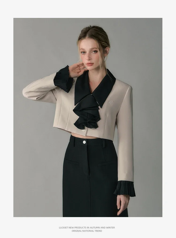 French Temperament Elegant Commuter V-neck Ruffles Splicing Long Sleeve Single-breasted Straight Short Blazer For Women Autumn