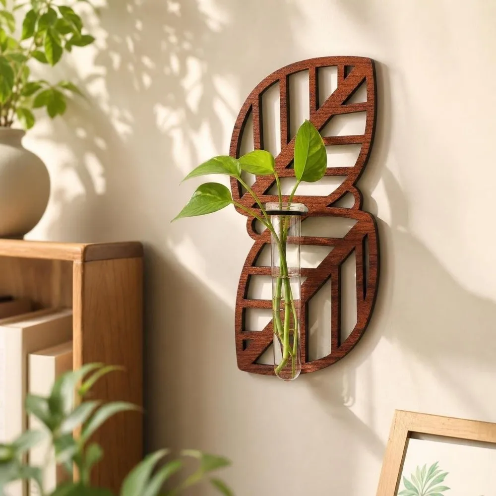 Flower Holder Wooden Hydroponic Planter Shelf Vase Retro Wall Mounted Planter Hollow Out Leaf Shape Flower Pot Indoor Plants