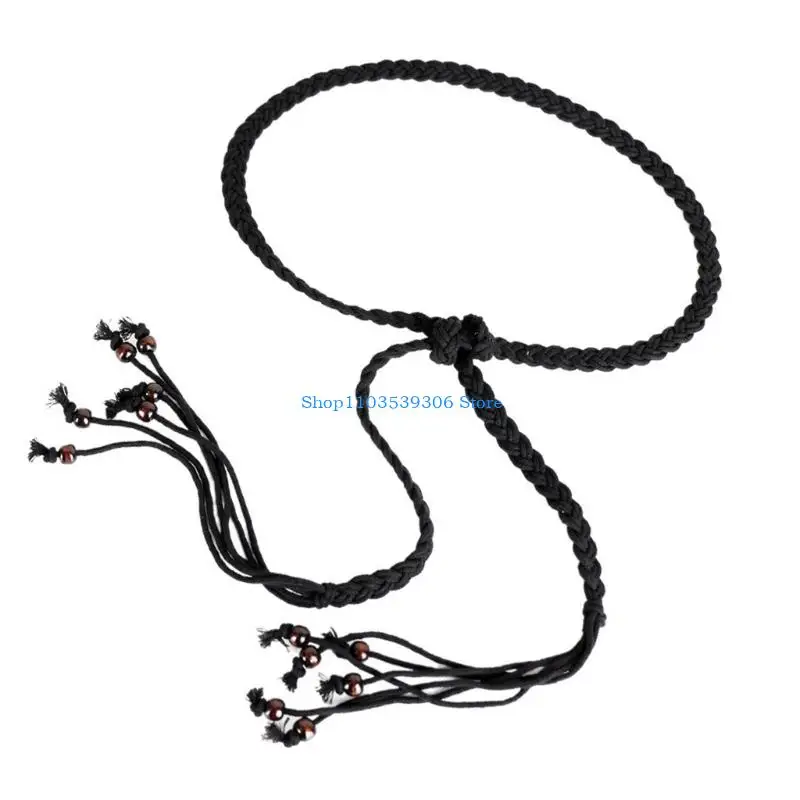 400A أنيقة حبل قطن مضفر حزام العرقية حبة الدانتيل ربط مرنة طول الخصر الحبل حبل للاستخدام المكتبي غير الرسمي في الهواء الطلق