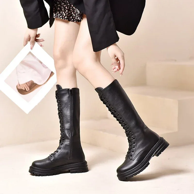 Hochwertige Damen stiefel Herbst Winter kniehohe Stiefel Mode Reiß verschluss Mid Heels Casual Plateaus chuhe koreanischen Stil Damenschuhe