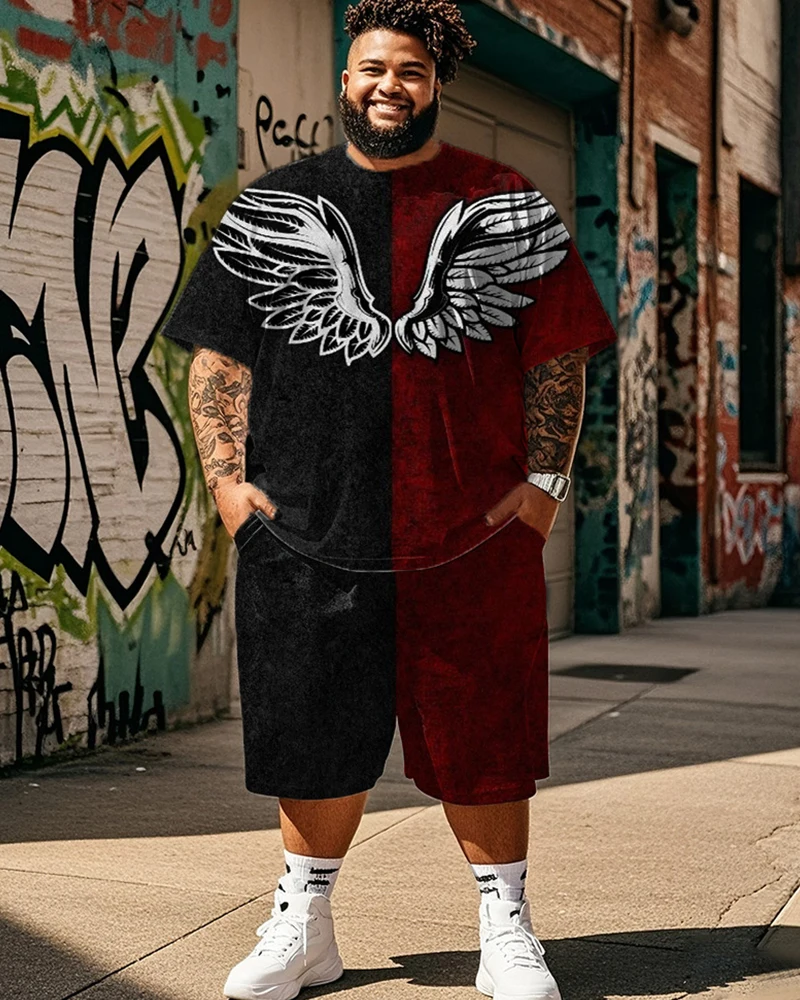 

S-9XL Large Size Men's Suit - Colorblock Wing Short-sleeved T-shirt Shorts Two-piece Set