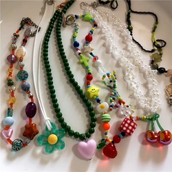 Kpop Boho Colorful Cherry Heart Star Pendant Peart Choker Necklace For Women Sweet Aesthetic Y2K Harajuku Jewelry Accessories