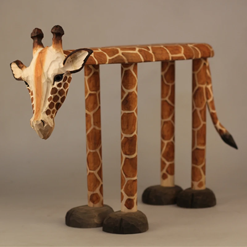 

Solid Wood Hand Carved Large Giraffe Home Doorway Shoe Changing Stool Creative Adult Footstool Lobby Makeup Stool