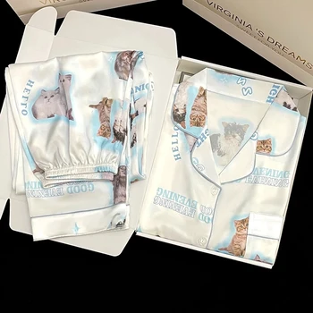 귀여운 고양이 인쇄 Pjs 새틴 실크 잠옷 긴 소매 패션 잠옷 봄 여름 여성을위한 새로운 잠옷 옷깃 홈웨어