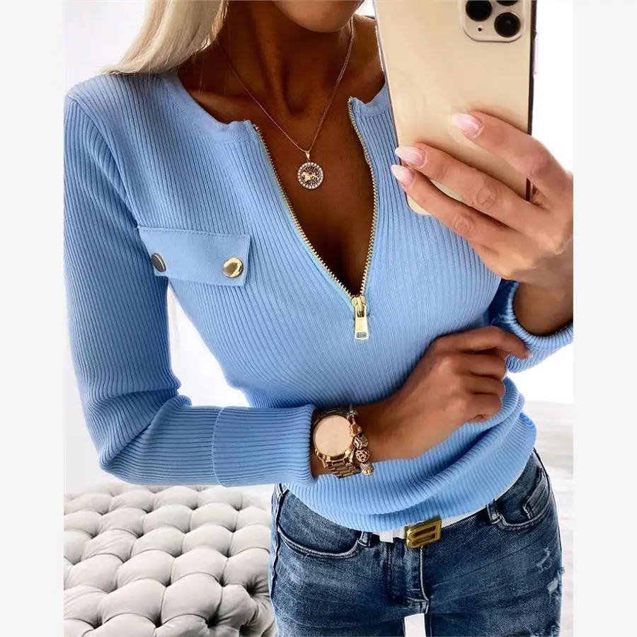 

Облегающий женский топ с глубоким V-образным вырезом и завышенной талией, однотонный, из полиэстера, осенняя коллекция