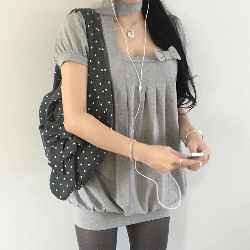 2000s Gray Retro Style Sweet Kawaii Bowknot Round Neck Summer American Harajuku fairycore Fashion Versatile Short Sleeve Tops